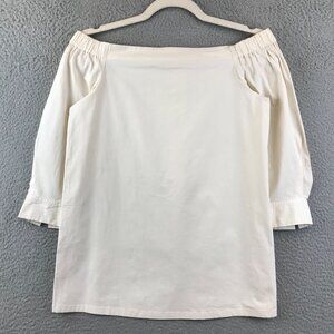 Off-Shoulder Ivory‎ Blouse With 3/4 Sleeves Elastic Neckline & Buttoned Cuffs